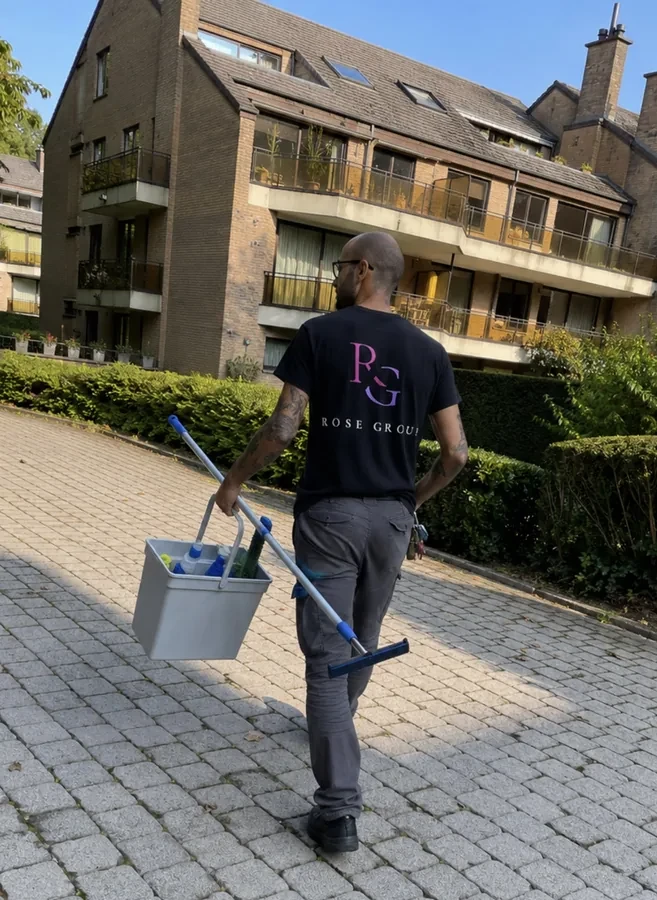Agent Rose Group se rendant sur un chantier avec son matériel de nettoyage