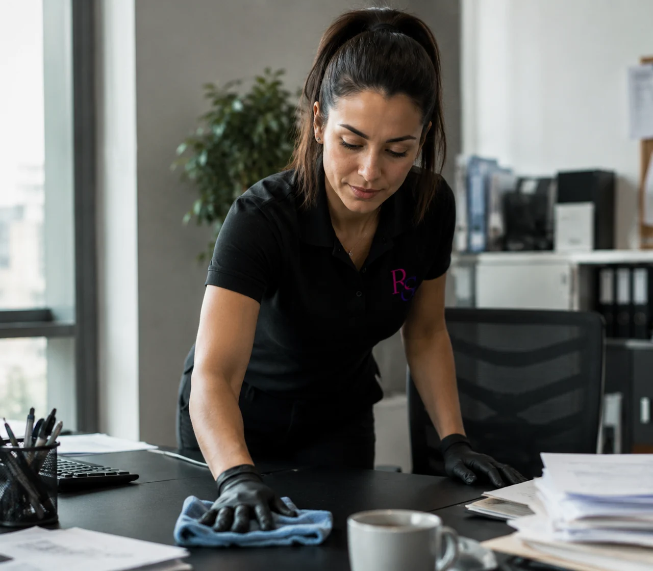 Agent de nettoyage Rose Group entretenant un bureau professionnel