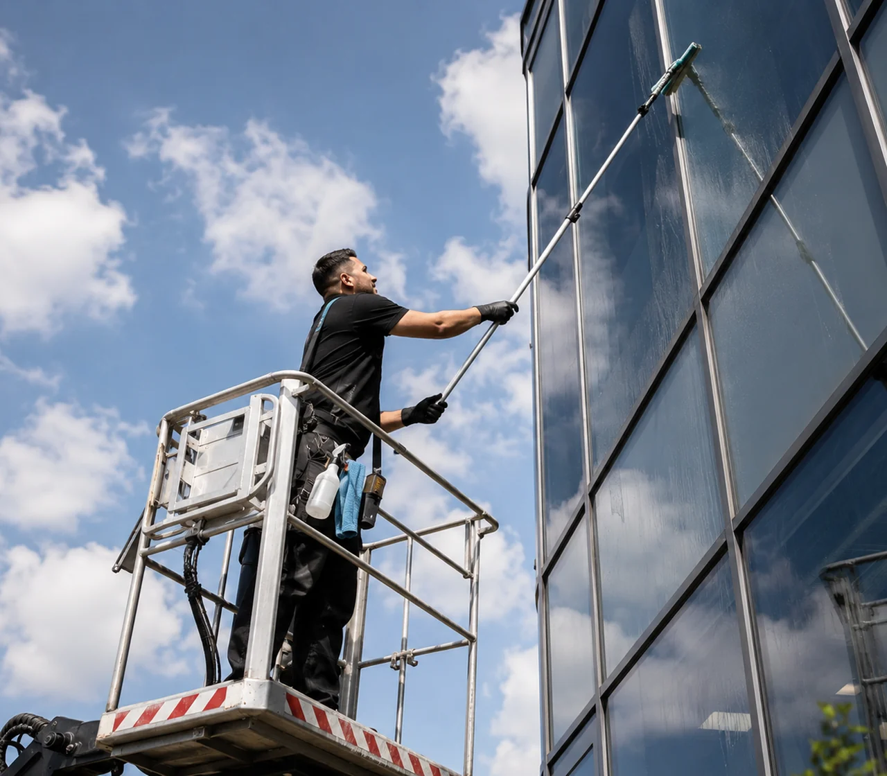Laveur de vitres nettoyant la façade vitrée d’un immeuble